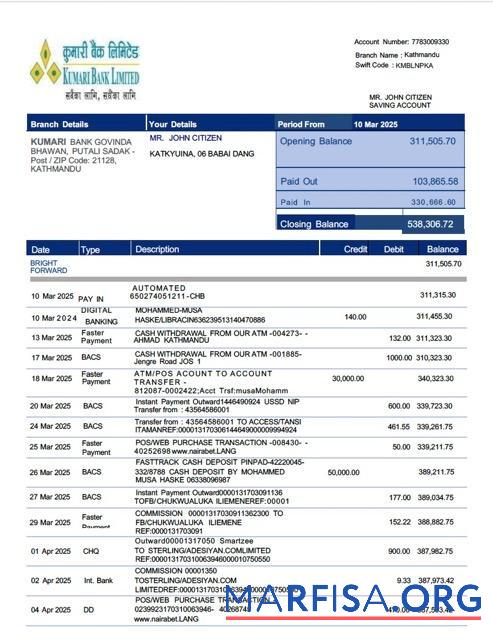 Printable Nepal Kumari Bank Limited account statement word download for verification